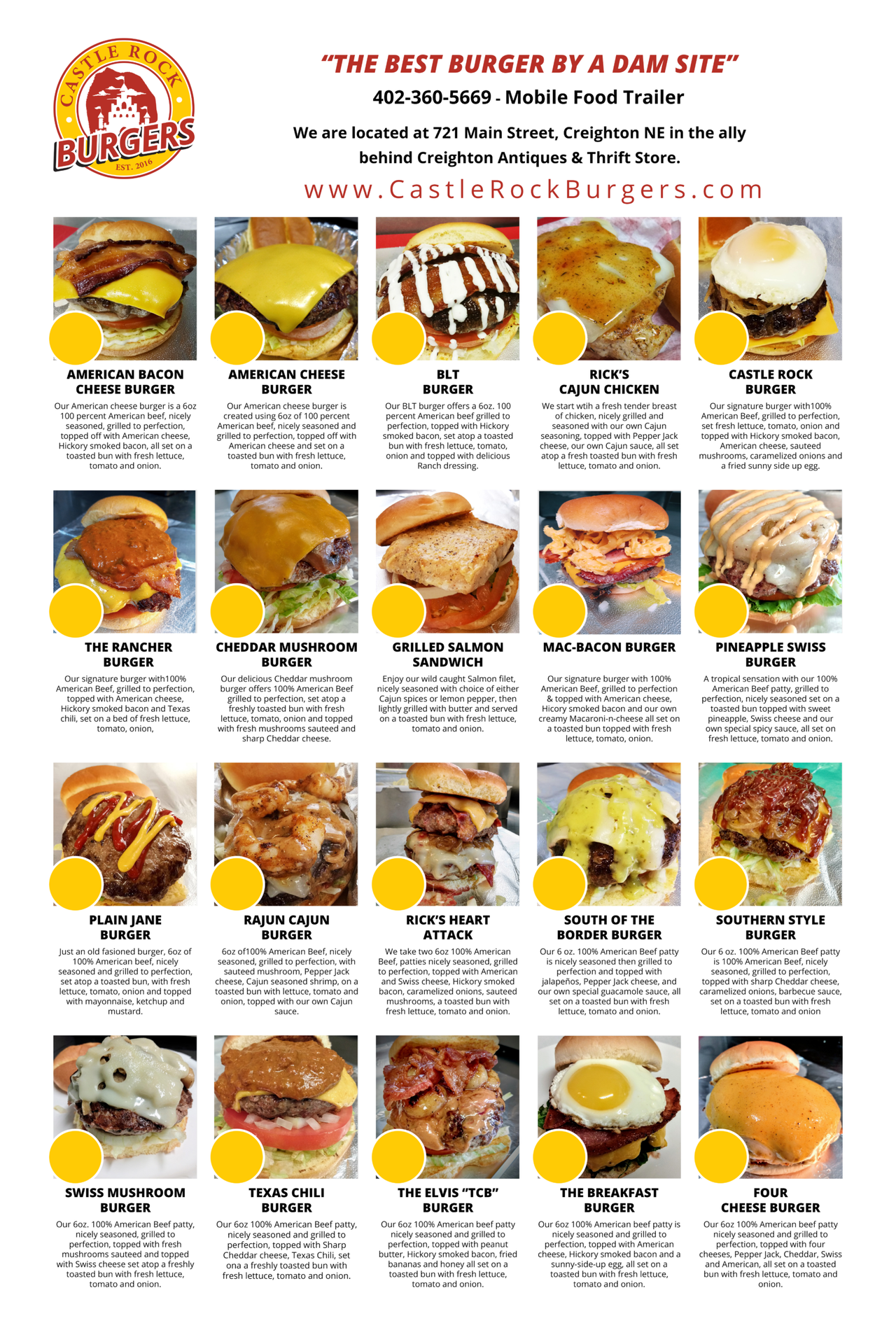 Menu Castle Rock Burgers